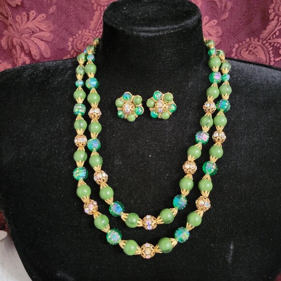 Vintage Rhinestone & Beaded Double Strand Necklace Set - Picture 1 of 8